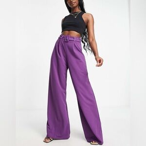 ASOS High-Waist Wide Leg Pants with Belt in Bright Pink/Purple Size US 6